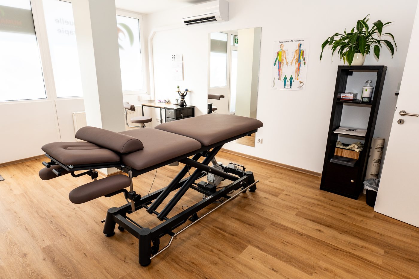 Behandlungsraum mit Anatomie-Tafel in der Praxis Physio Humanitas in Essen-Frohnhausen